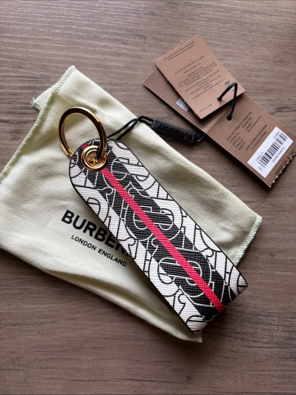 NWT Burberry TB Monogram Loop Charm E-canvas stripe